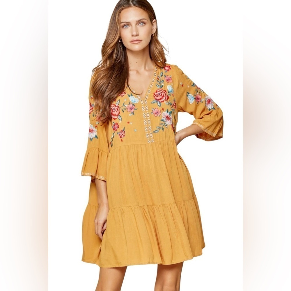 Savanna Jane Floral Embroidered Babydoll Dress Size L Marigold Yellow